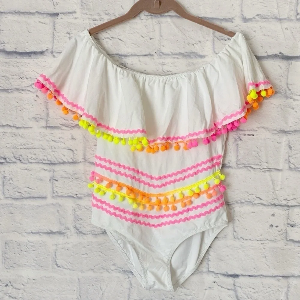 Stella Cove white off the shoulder pom pom swimsuit
